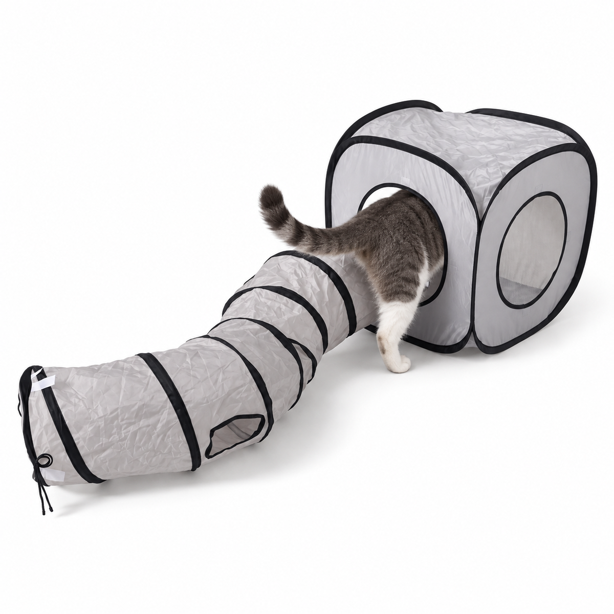 Collapsible Cat Tunnel with Cube Hideaway and Play Openings