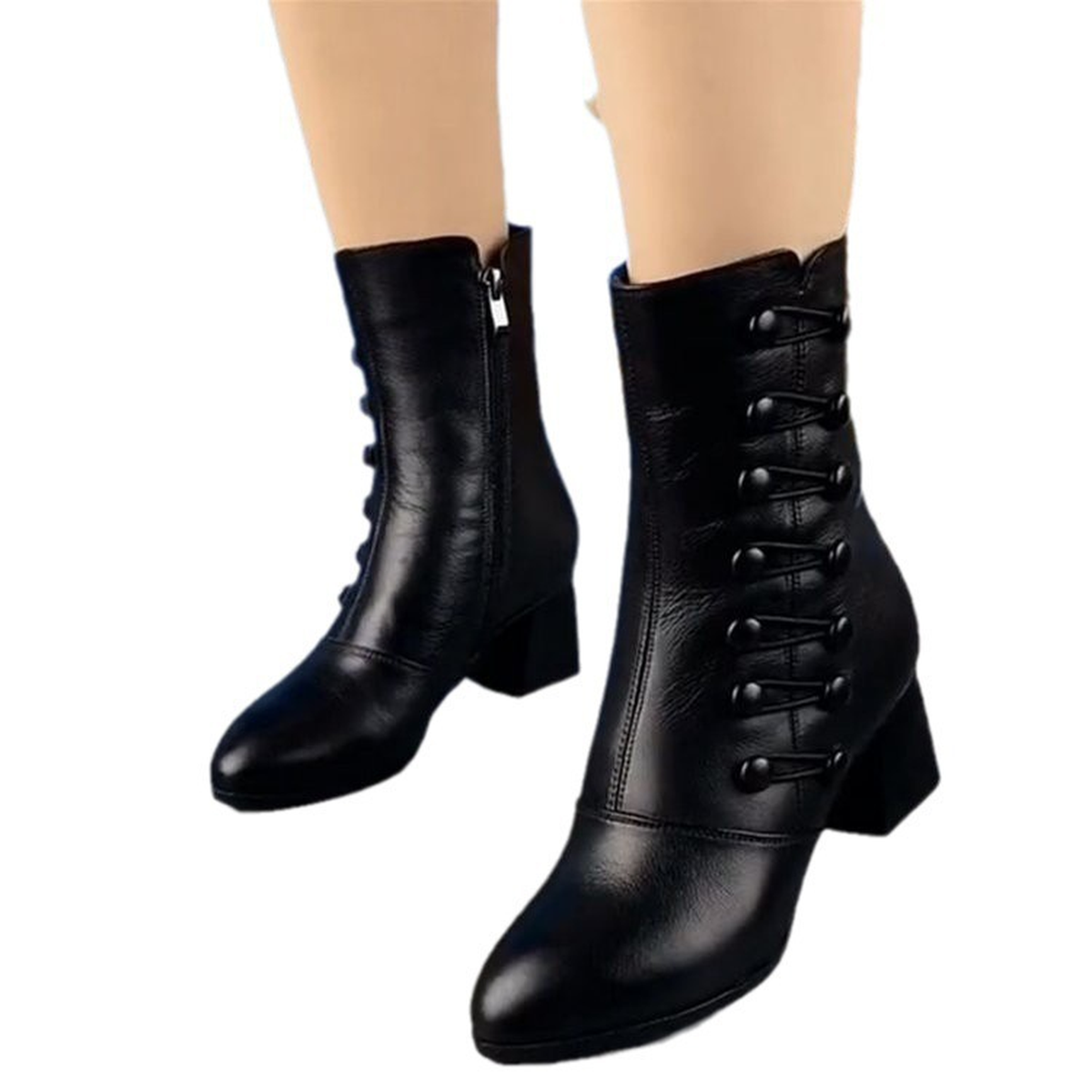Women's Black Lace-Up Ankle Boots with Side Zip and Block Heel