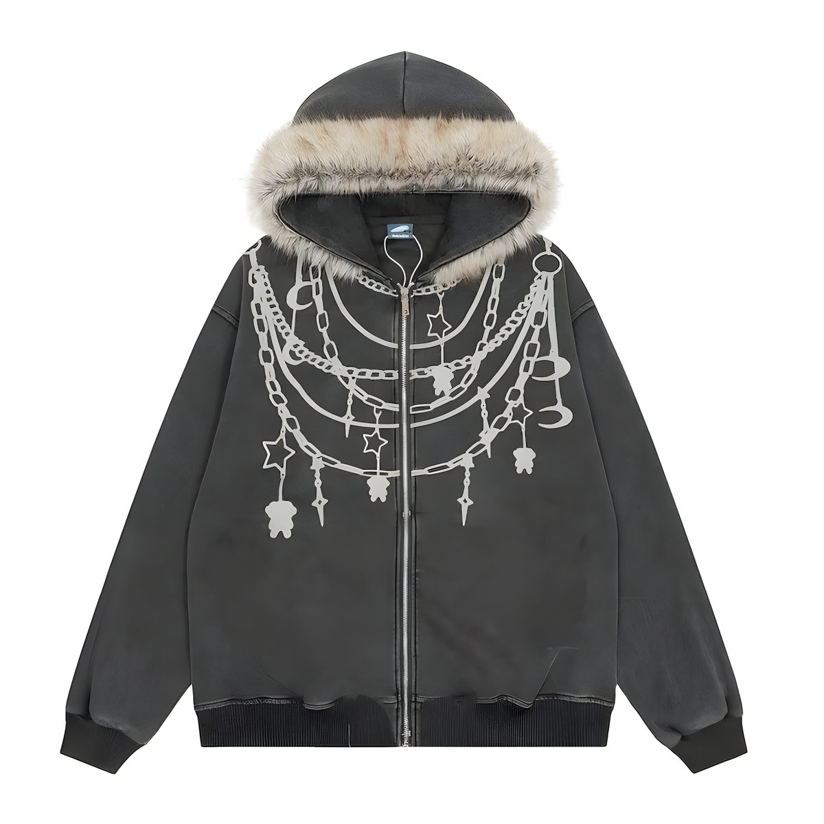 Zip-Front Hooded Jacket with Plush Collar and Chain Print