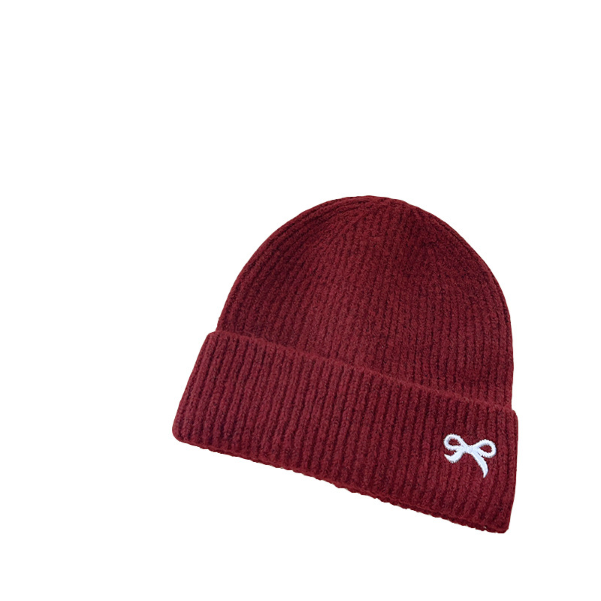 Ribbed Knit Beanie with Embroidered Bow and Folded Cuff