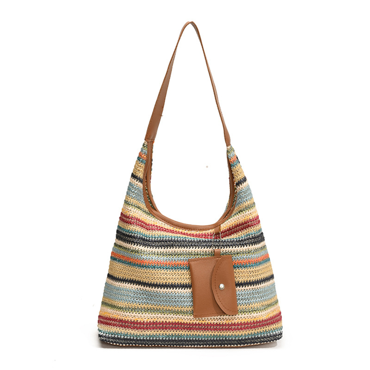 Crochet Hobo Shoulder Bag with Stripes and Front Flap Pocket