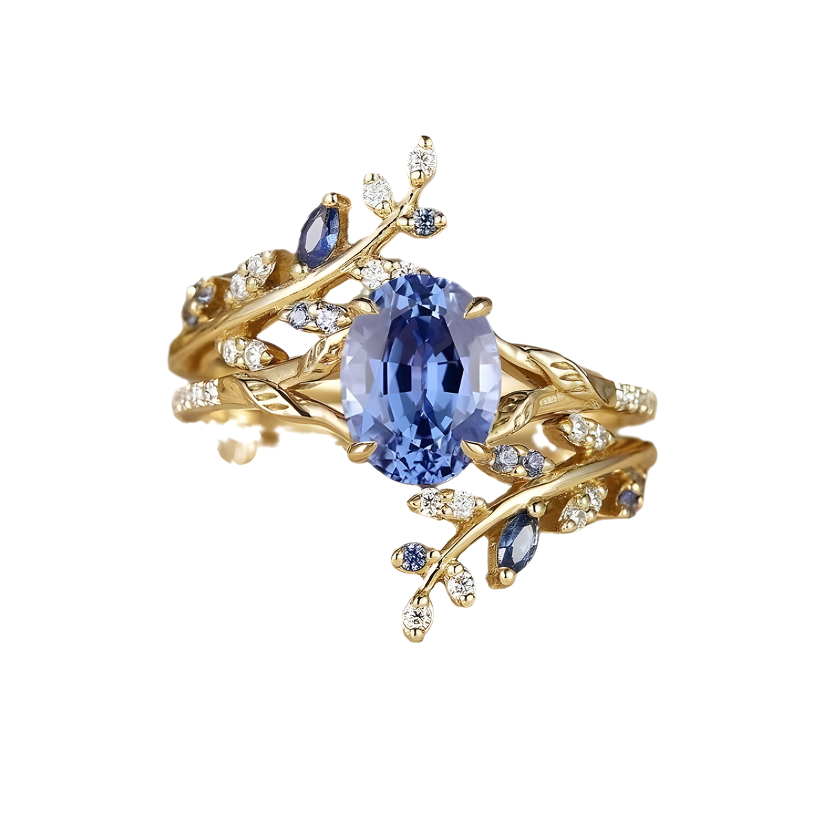 Leaf-Vine Stacking Ring Set with Oval Decorative Stone