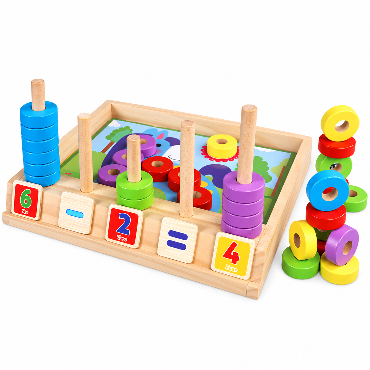 Wooden Arithmetic Learning Box with Counting Rings and Number Tiles