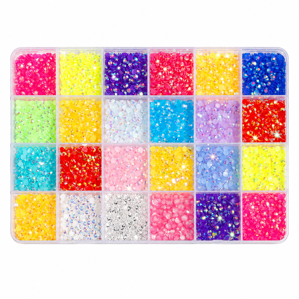 Resin Nail Rhinestones, Round Gems in a 24-Grid Storage Box