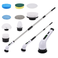 Cleaning tool set with telescopic handles and various attachments on a white background