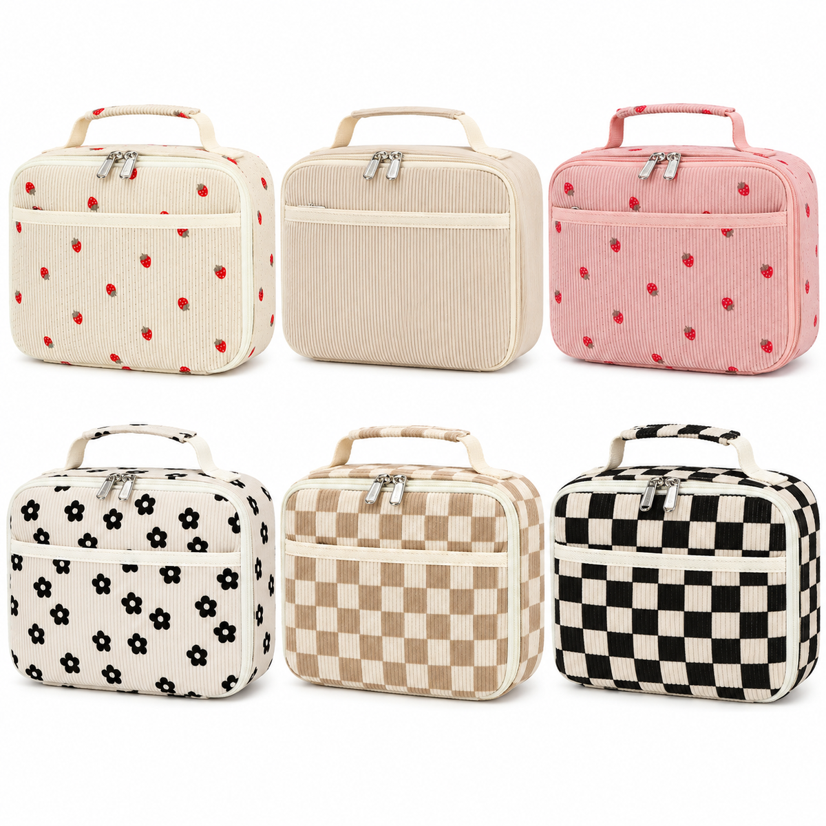 Corduroy Insulated Lunch Bag with Handle and Storage Pockets