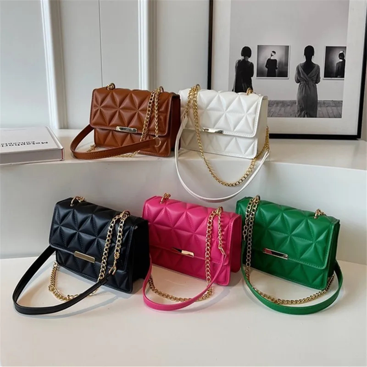 Quilted Chain-Strap Crossbody Bag with Flap Closure