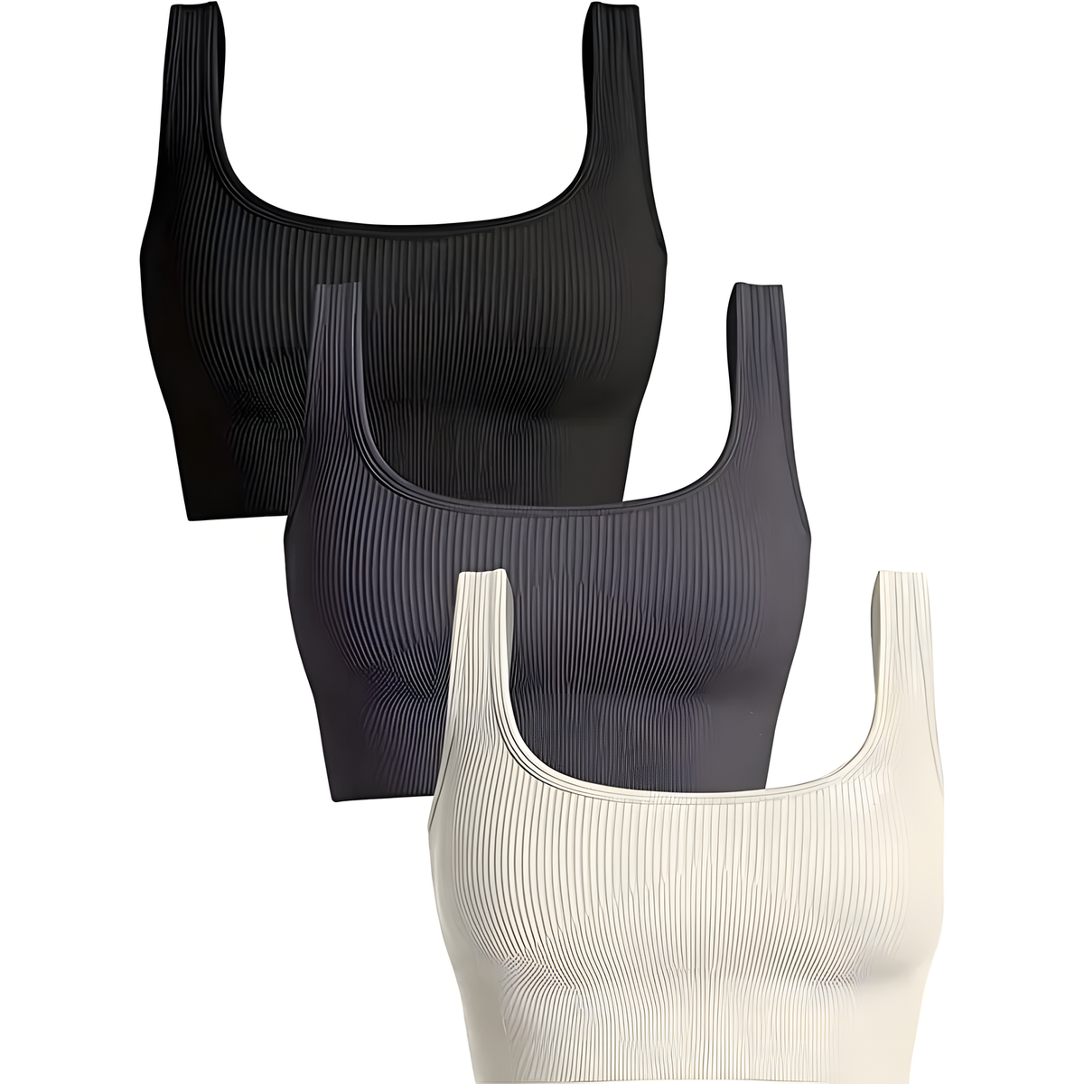 Women's Ribbed Yoga Sports Bra with Wide Straps and Scoop Neck