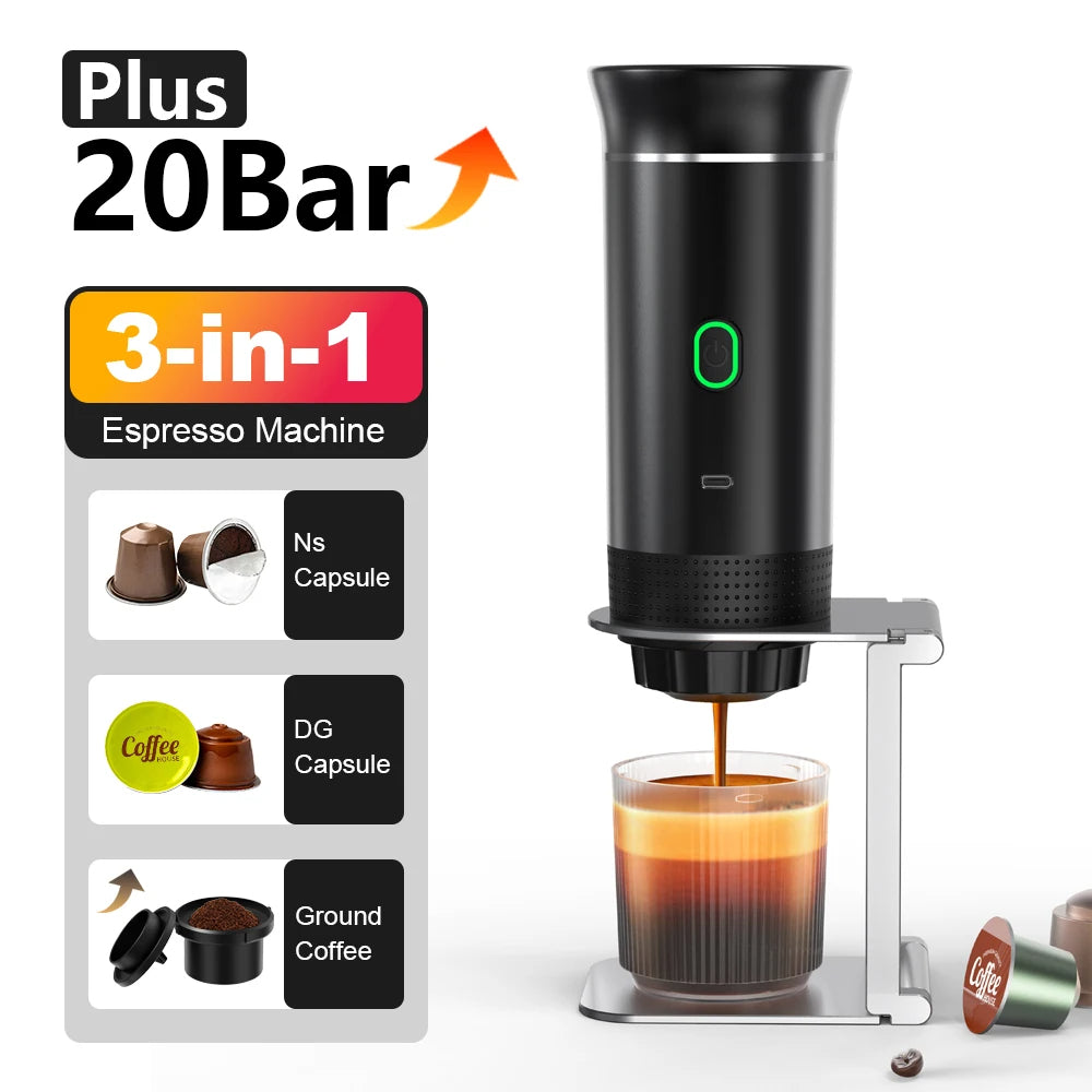 Black espresso machine with a glass of coffee and various capsule types on a white background