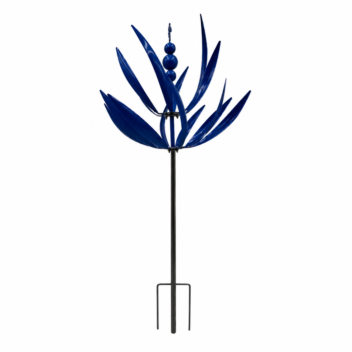 Metal Garden Wind Spinner with Curved Blades and Ground Stake
