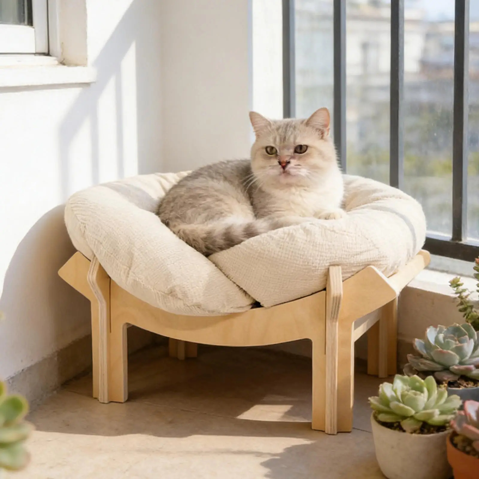 Wooden Frame Cat Bed Flower Cushion Raised Indoor Lounge 22in