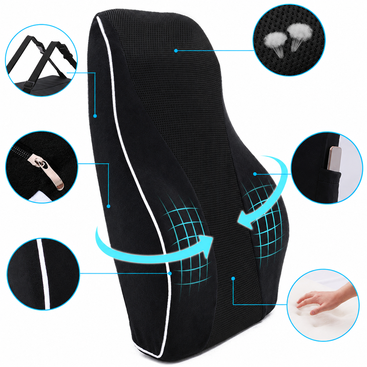 Contoured Memory Foam Lumbar Cushion with Chair Straps