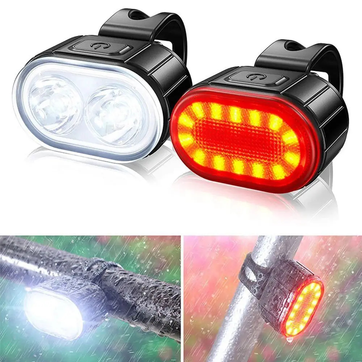 USB Rechargeable Front and Rear Bike Light Set with Straps