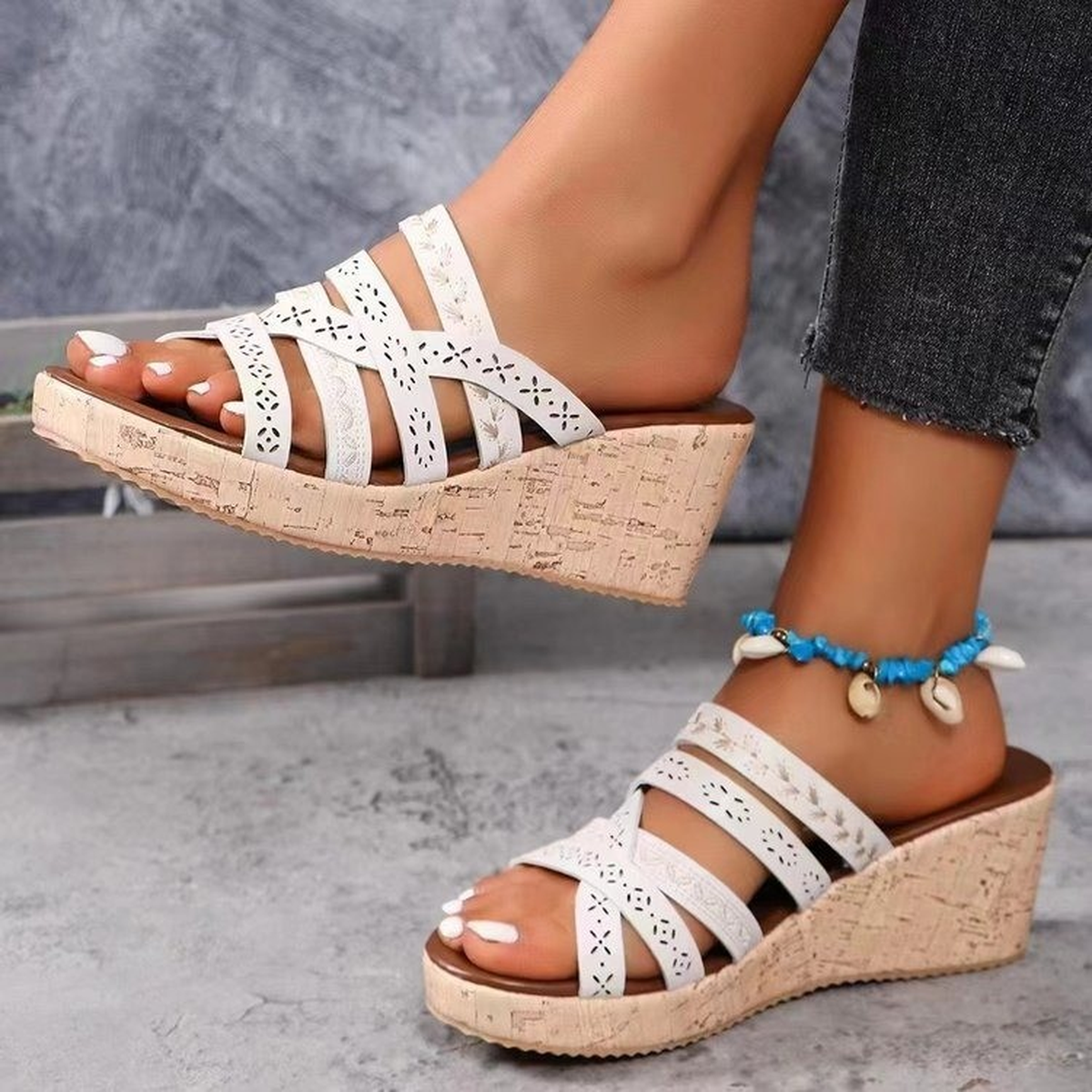 Women's Roman Wedge Sandals with Cutout Straps and Cork Sole