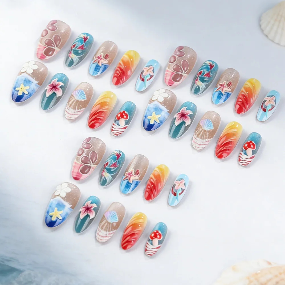 3D Ocean Press-On Nails Almond Glossy Koi & Coral Set