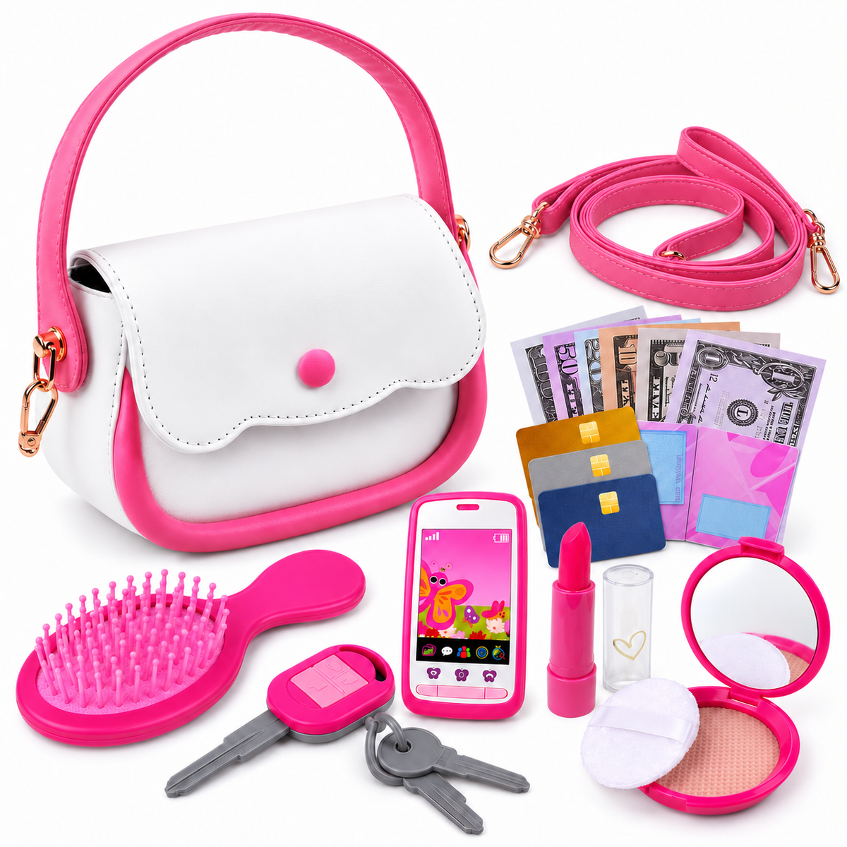 Pink and White Pretend Play Handbag Set with Toy Accessories