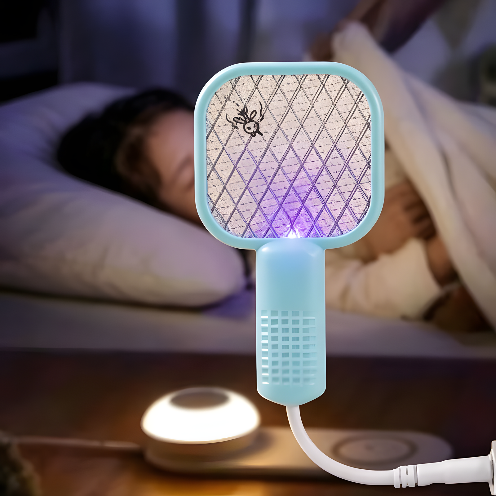 USB Rechargeable Electric Mosquito Swatter Racket Pink & Teal