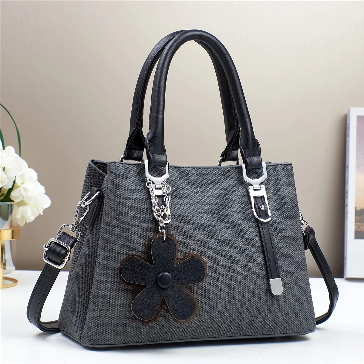 Flower Charm Structured Handbag with Crossbody Strap