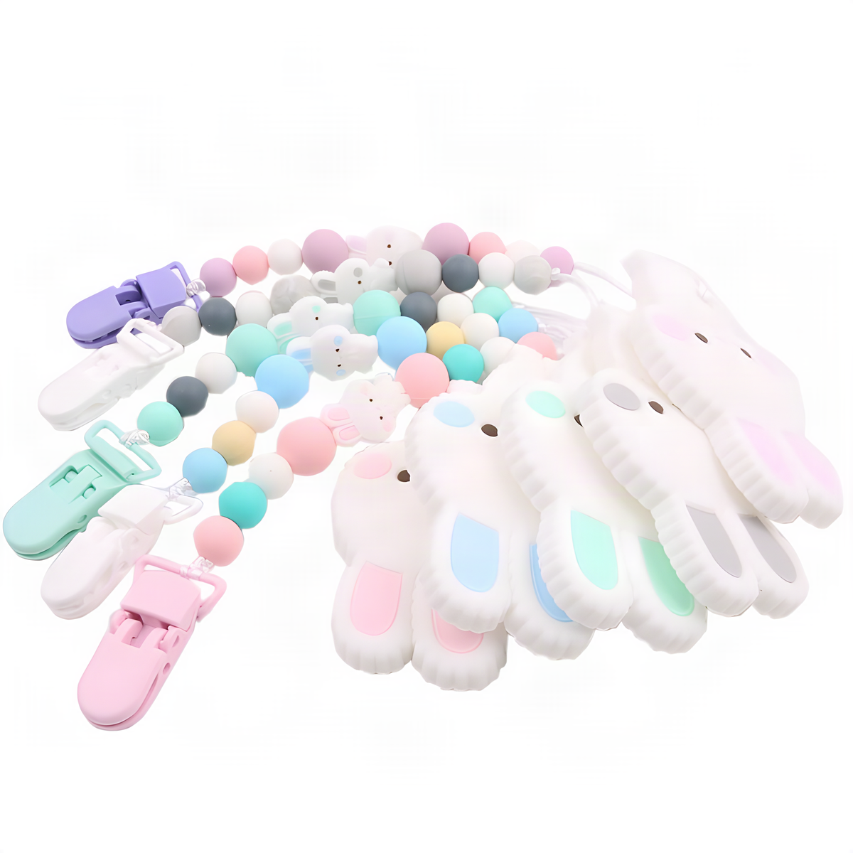 Bunny Baby Teether with Beaded Pacifier Clip in Five Colors