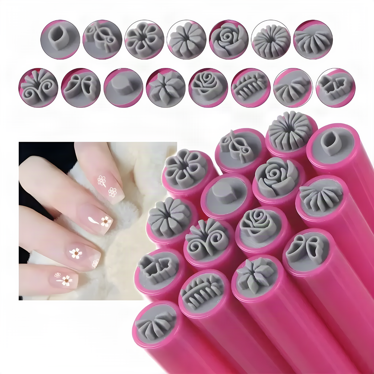 Nail Art Stamp Pen Set, Pink-Handled Floral Pattern Tools