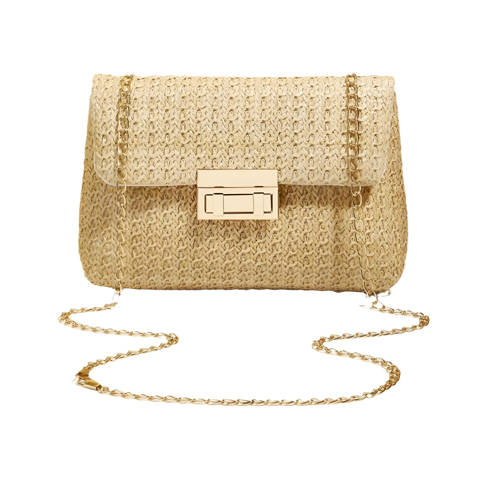 Straw Crossbody Bag with Gold Chain & Turn Lock