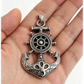 Silver-Tone Anchor Pendant, Nautical Ship Wheel Detailing