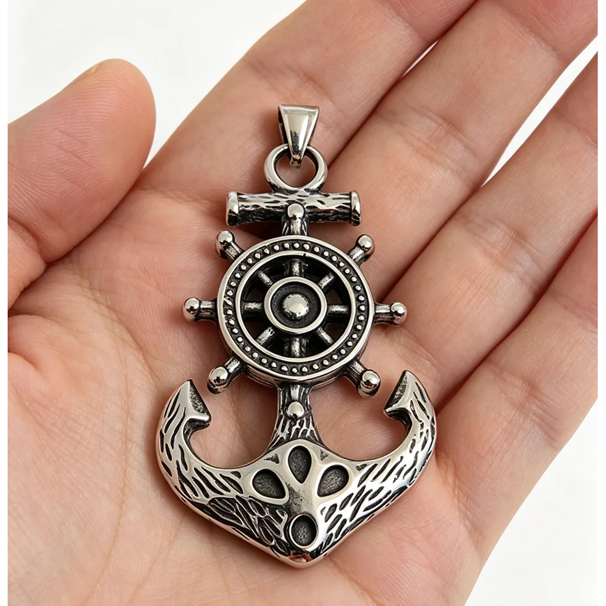 Silver-Tone Anchor Pendant, Nautical Ship Wheel Detailing