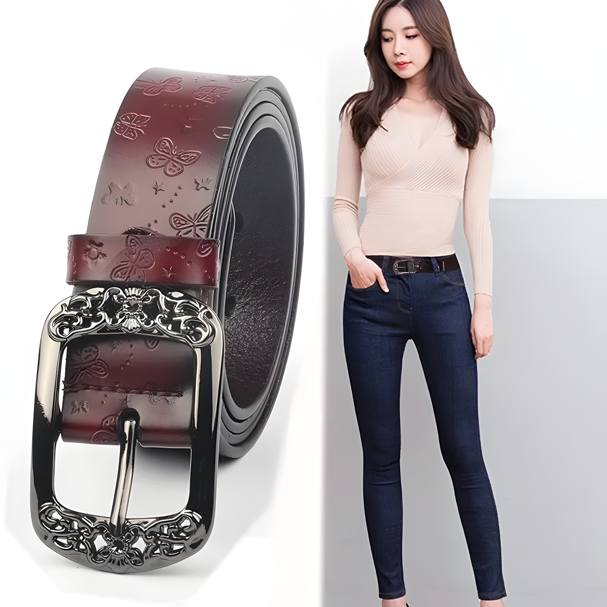 Women's Butterfly-Embossed Belt with Decorative Pin Buckle
