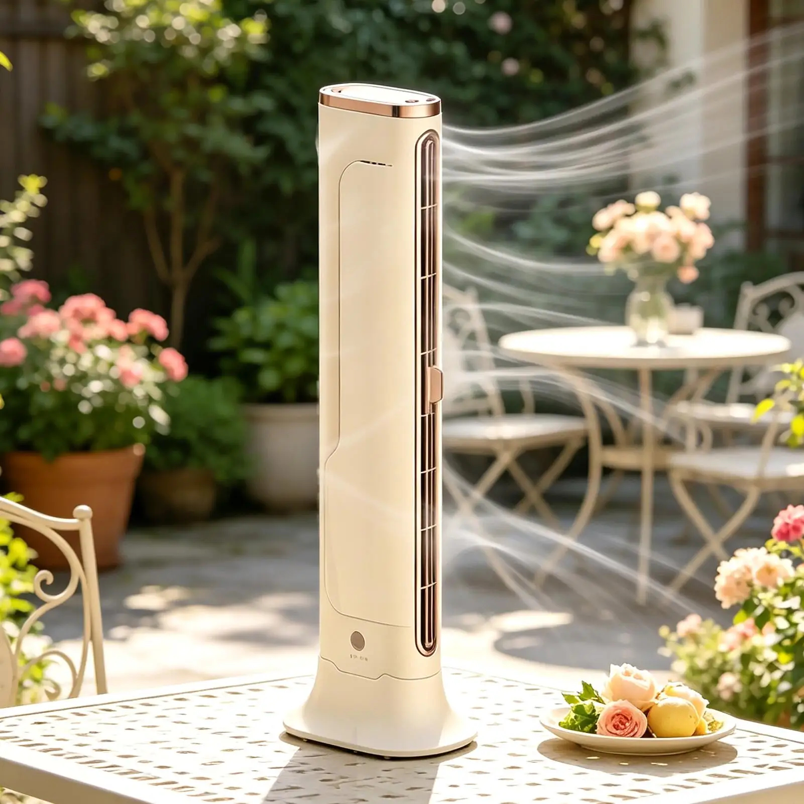 A tall, slim tower fan in a warm cream color with rose gold accents stands on a patio table, with visible airflow coming from the side. The background is a beautifully blurred outdoor garden patio with white metal furniture, potted pink flowers, and green foliage.