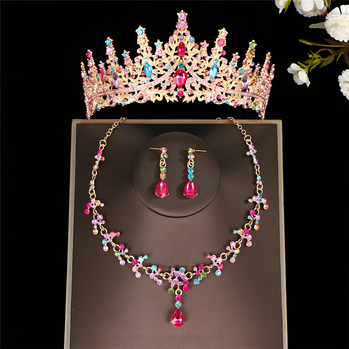 Crown Jewelry Set, Matching Necklace and Teardrop Earrings