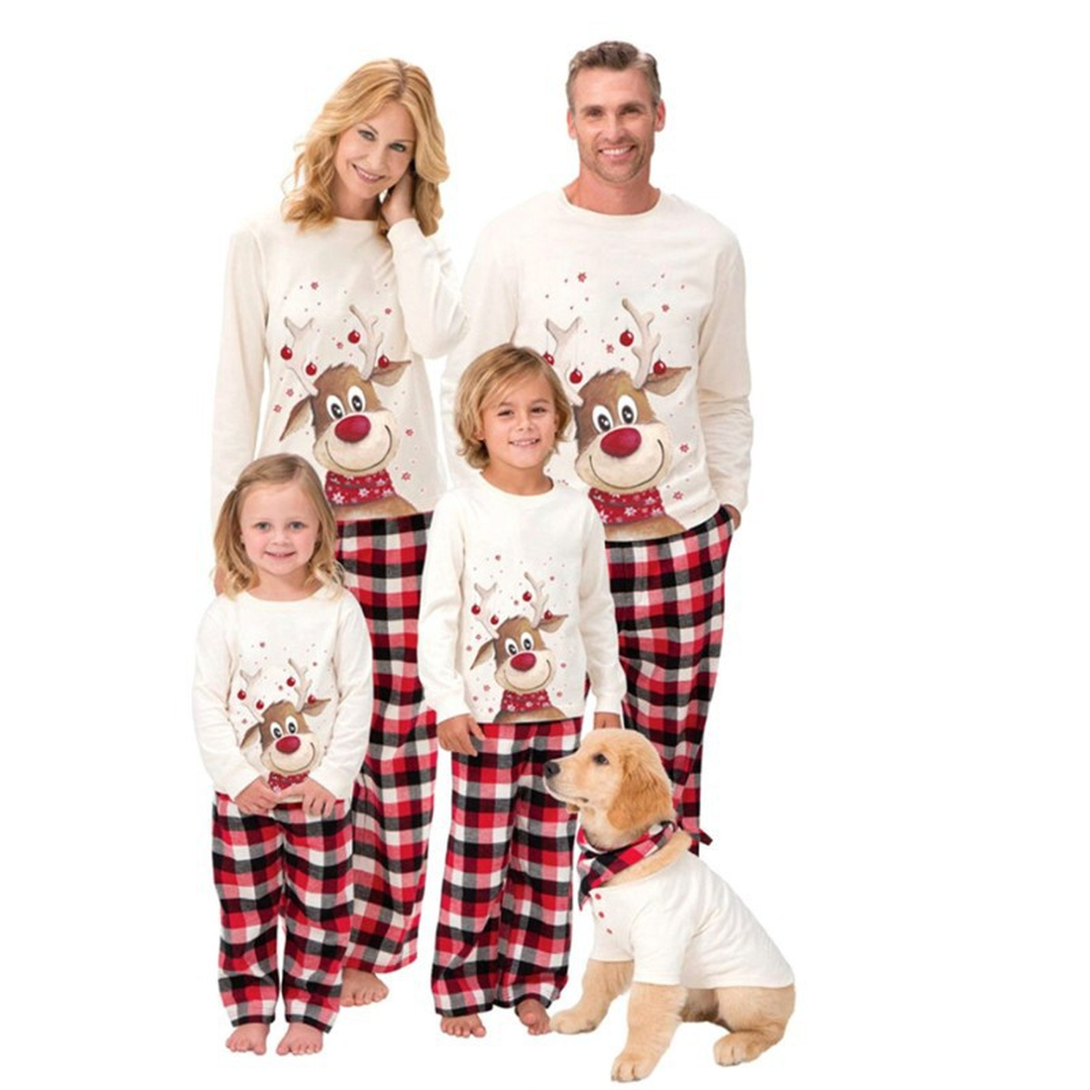 Family of four wearing matching Christmas pajamas with a dog.
