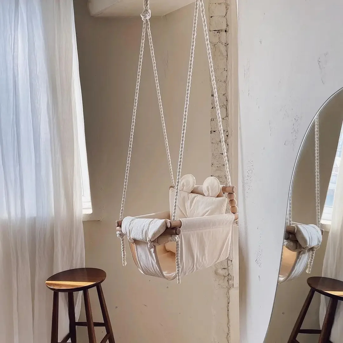 Indoor Baby Swing Chair with Cushioned Seat and Wooden Bars