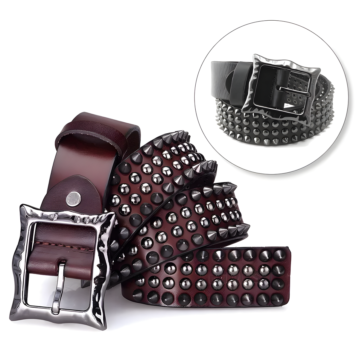 Studded Belt with Decorative Pin Buckle in Brown or Black