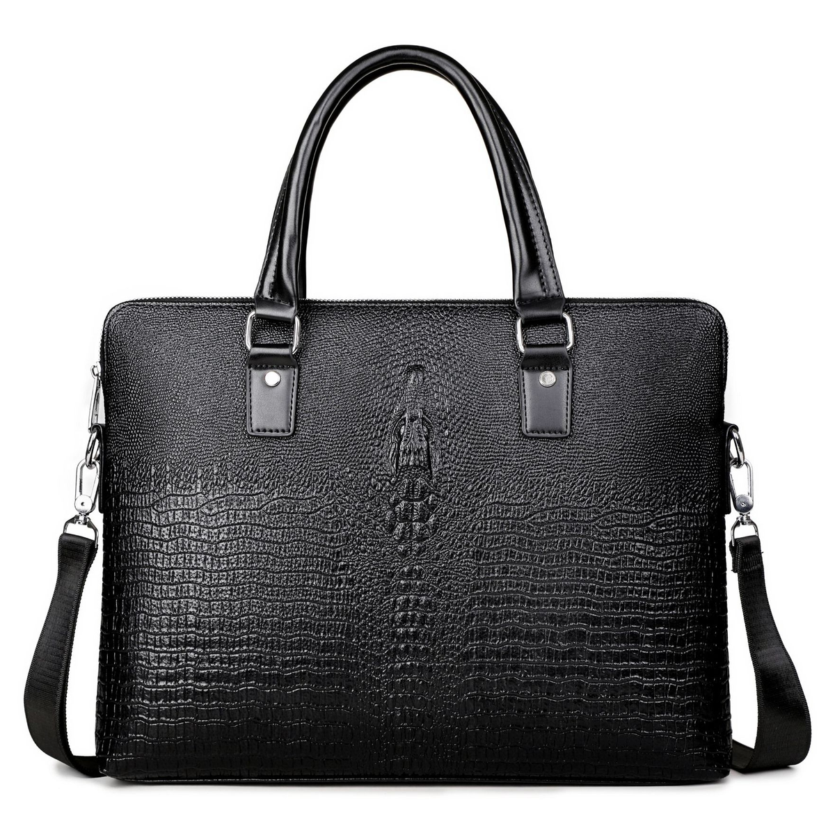 Croc-Embossed Business Briefcase with Shoulder Strap
