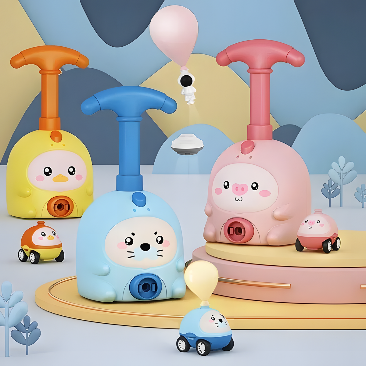 Balloon-Powered Toy Car Set with Animal Pump and Two Cars