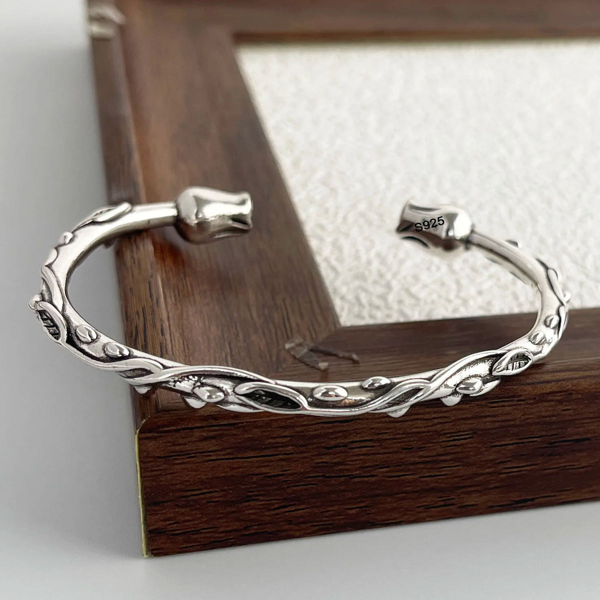 Thorn Rose Cuff Bracelet, Silver-Tone Botanical Open Design