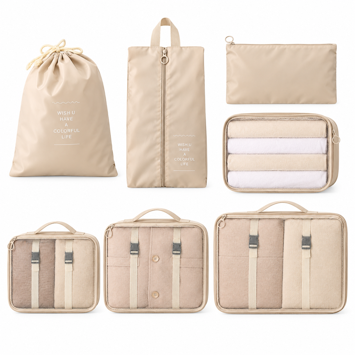 7-Piece Travel Packing Organizer Set, Mesh Cubes and Pouches