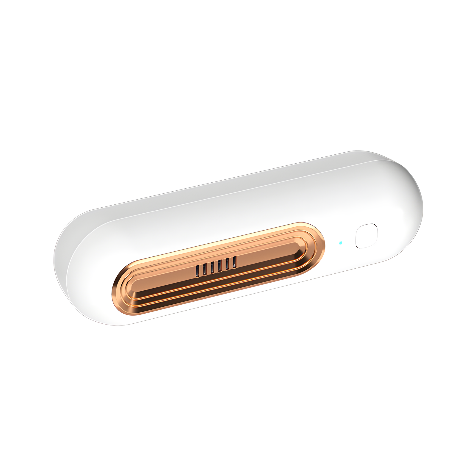 White and gold cylindrical device on a white background