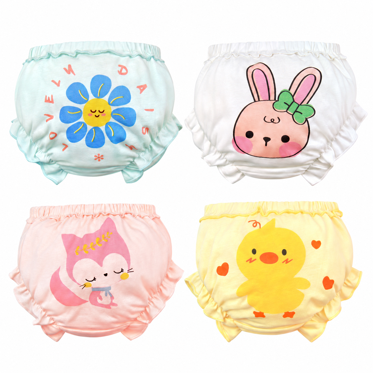 Ruffled Cotton Baby Bloomers with Gathered Waist in Four Prints