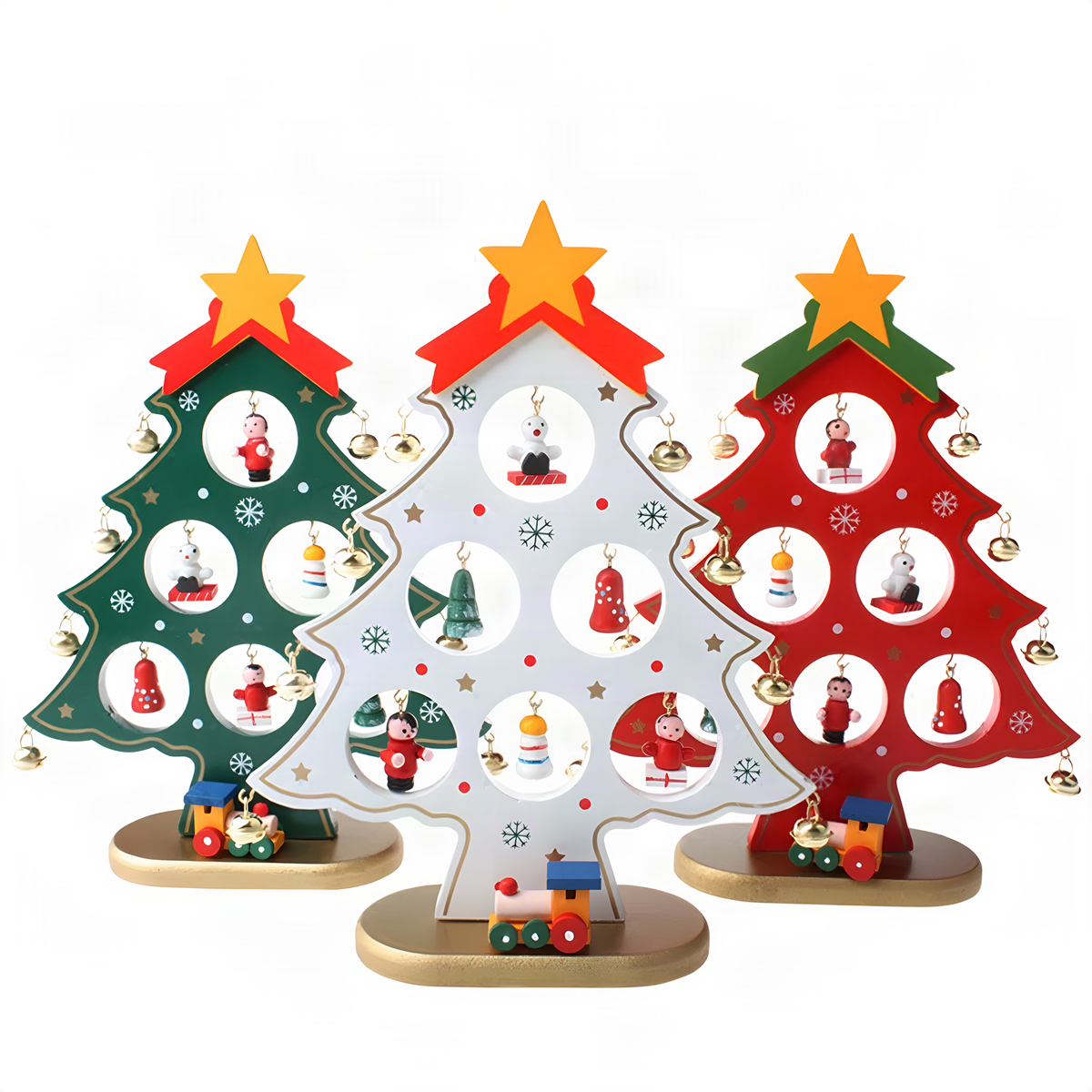 Wooden Tabletop Christmas Tree with Star and Hanging Ornaments