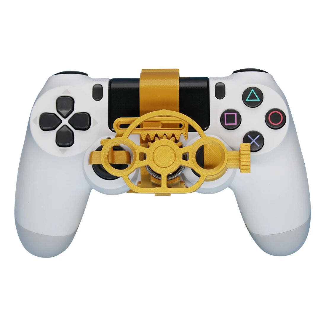 White gaming controller with a yellow gear attachment on a white background