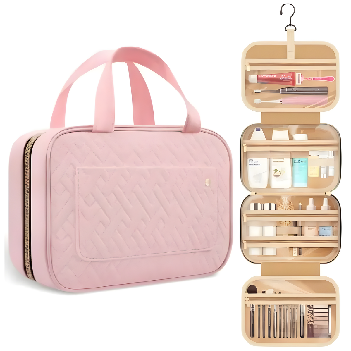 Pink Hanging Travel Toiletry Bag with Compartments and Hook