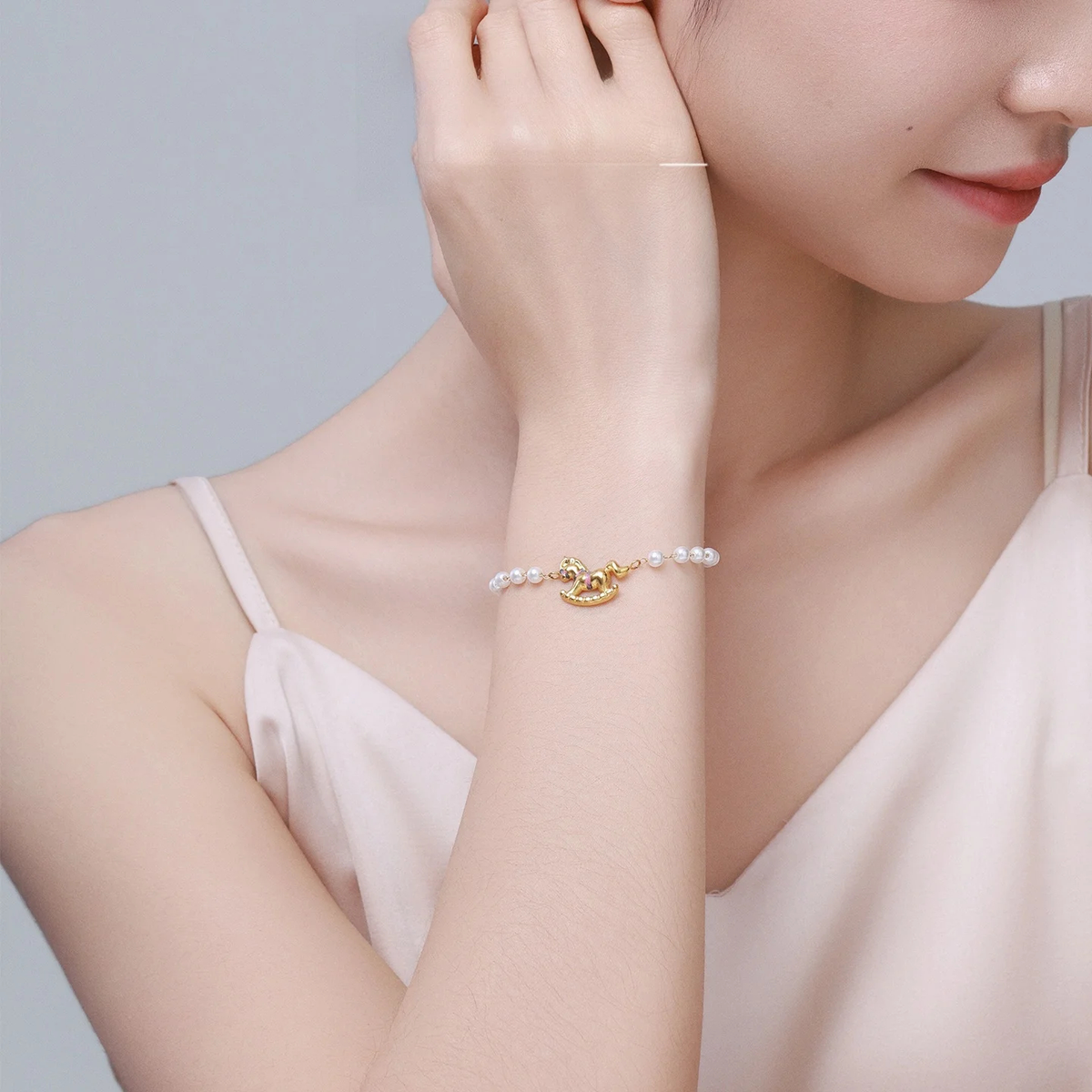 Pearl-Look Charm Bracelet, Gold-Tone Rocking Horse Detail