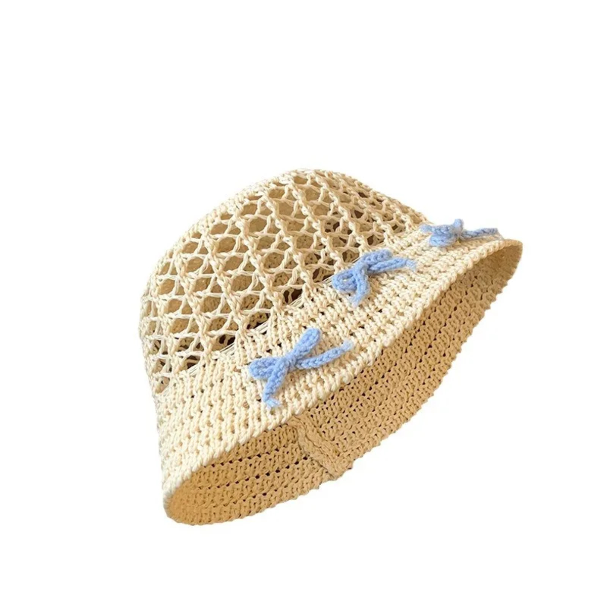 Open-Weave Crochet Bucket Hat with Contrast Bow Details