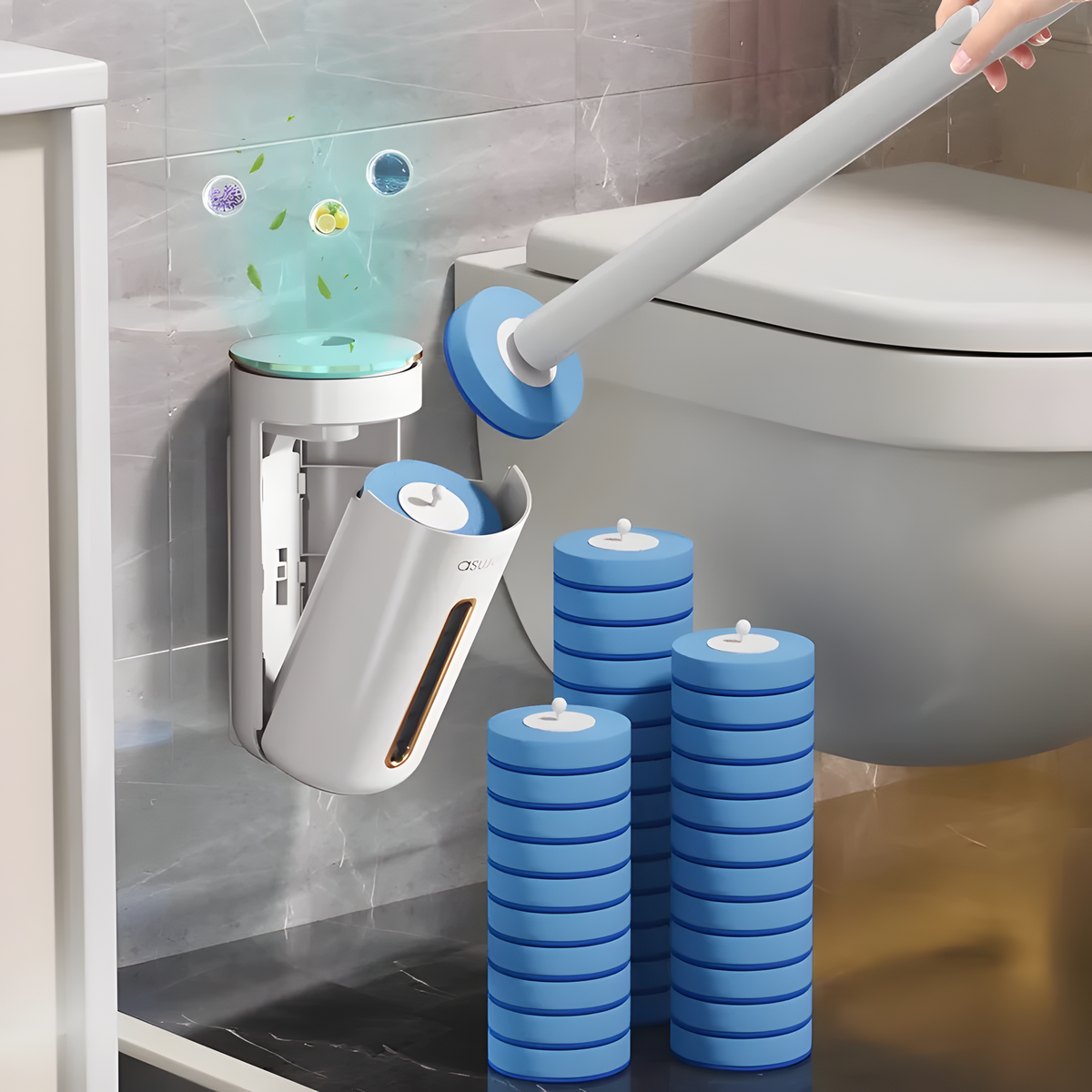 A wall-mounted toilet brush holder in a bathroom, with a hand holding a long-handled toilet brush against the holder. Several blue round brush heads are stacked on the floor beside the holder.