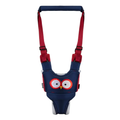 Navy blue and red baby harness with owl design on a white background