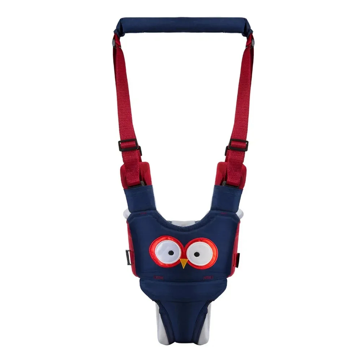 Navy blue and red baby harness with owl design on a white background