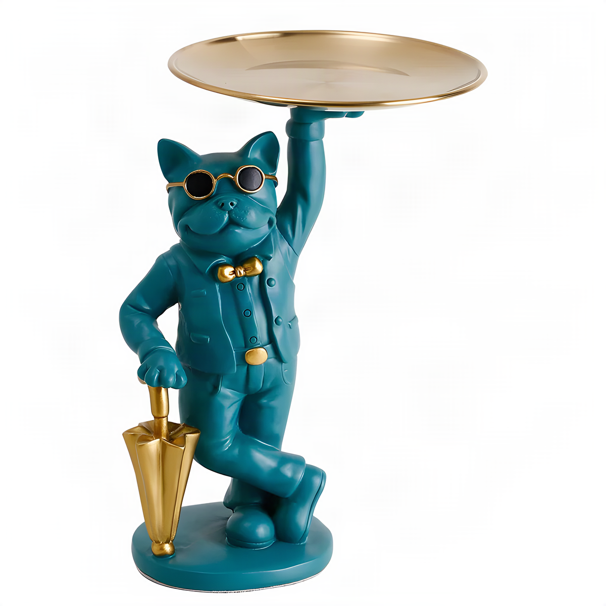Teal Bulldog Tray Figurine with Gold-Tone Details for Decor