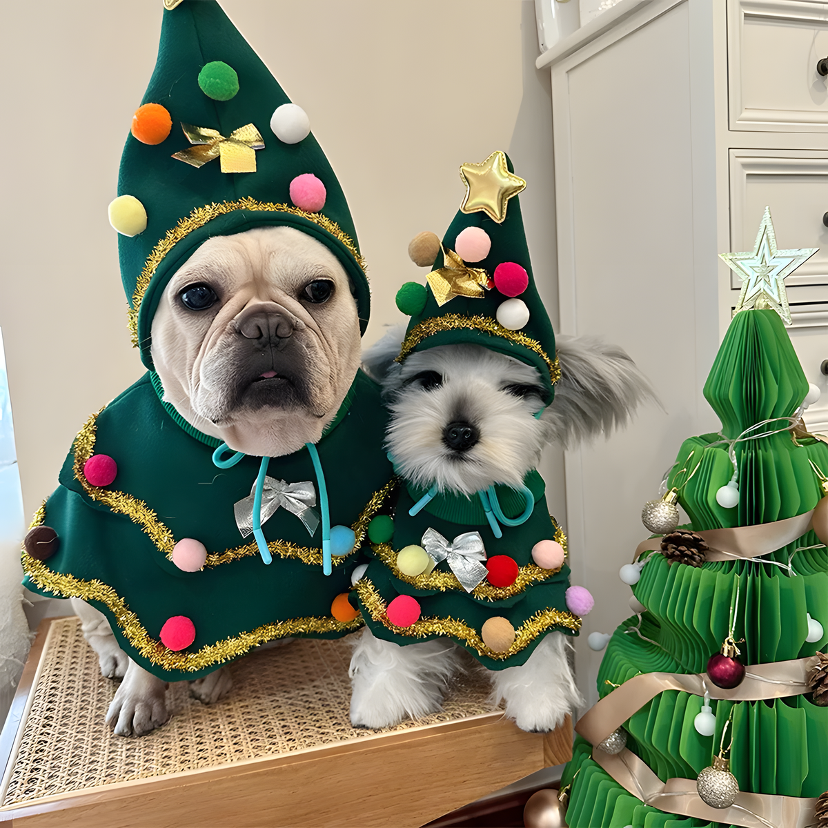 Christmas Tree Pet Costume, Matching Pom-Pom Hat and Cape