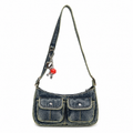Denim Baguette Shoulder Bag with Twin Pockets and Charm Detail